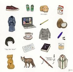 an illustration of various items that include clothing, shoes, and other things to wear