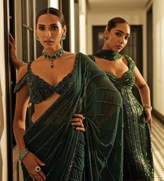 Green Crystal Linear Embroidered Georgette Saree Vvani By Vani Vats - Fabilicious Fashion Linear Embroidery, Shoulder Tassels, Vani Vats, Green Sari, Jewel Encrusted, Vacuum Storage, Indian Wedding Wear, Guest Attire, Green Saree