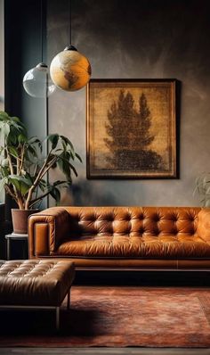 a living room with a couch, ottoman and potted plant