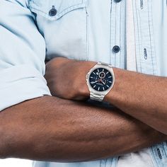 Combining discerning style with rugged functionality, this Jackson chronograph watch is made for life on the move. 45mm stainless steel case Features a navy dial with a date window and three subdials marking seconds, minutes, and hours Quartz movement and mineral crystal Stainless steel bracelet secures with a push-button deployment closure Water-resistant to 99 feet Modern Blue Chronograph Watch With Skeleton Dial, Blue Stainless Steel Chronograph Watch, Luxury Blue Diamond Chronograph Watch, Blue Chronograph Diving Watches, Blue Wear-resistant Chronograph Watch For Outdoor, Men's Watch, Chronograph Watch, Push Button, Steel Bracelet