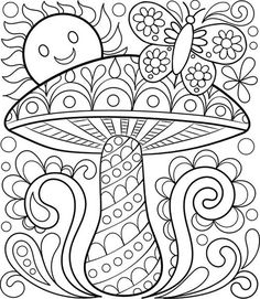 a mushroom with flowers and butterflies on it coloring pages for adults, kids and adults