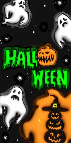 an animated halloween scene with ghost, pumpkins and ghost heads in the background that says hail ween