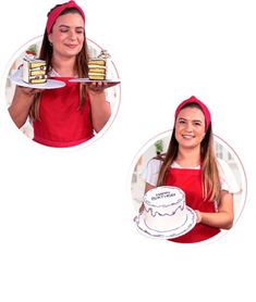 two women in red aprons are holding plates with cakes on them and one is wearing a red headband