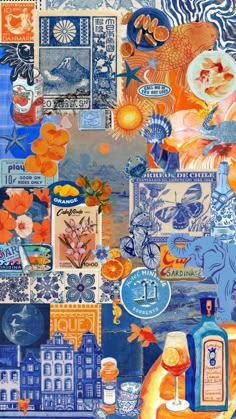 a collage of blue and orange artwork with various items on it, including an orange bottle