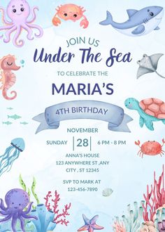 an under the sea birthday party with marine animals and fish on blue watercolor paper