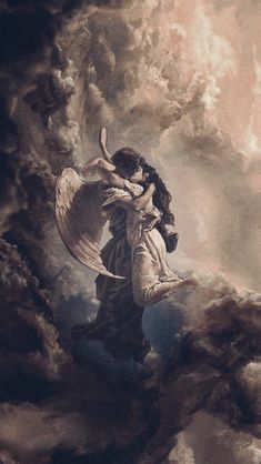 an angel hugging a woman in the clouds