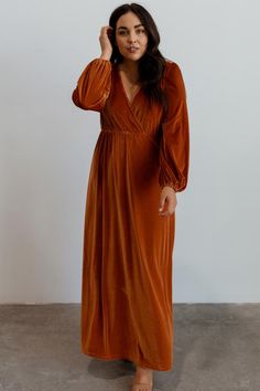 Sadie Ginger Velvet Maxi Dress Rust Long Sleeve Dress, Burnt Orange Plus Size Dress, Velvet Maxi Dress For Fall, Elegant Velvet V-neck Dress For Fall, Velvet V-neck Dress For Fall, V-neck Velvet Dress For Fall, Fall Velvet Dress For Date Night, Velvet V-neck Dress For Date Night, Fall Velvet V-neck Dress