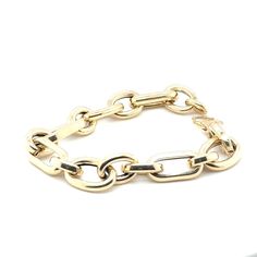 A stunning 14k yellow gold bracelet with large links that exudes timeless elegance and modern style. Its alternating oval and round links create a captivating design that catches the eye. Crafted with a hollow construction, this bracelet offers a big, bold look without the hefty weight, making it an excellent value for the money. The XL lobster clasp ensures a secure and convenient closure, making it easy to put on and take off. With a length of 7.5 inches, this bracelet is designed for a classi Modern Gold Link Bracelet, Elegant Gold Bracelet With Chunky Chain, Modern Gold Chain Link Bracelet, Elegant Chain Bracelet With Chunky Oval Links, Yellow Gold Bracelet With Chunky Oval Link Chain, Modern Gold Chain Link Bracelet For Formal Occasions, Modern Gold Chain Bracelet, Modern Gold Bracelet With Cable Chain, Modern Gold Oval Link Bracelet With Polished Finish