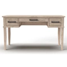 a wooden desk with two drawers on one side and an open drawer on the other