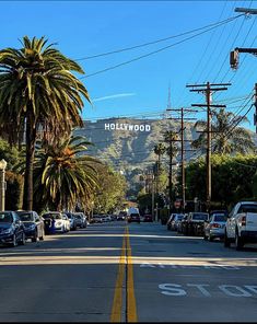 cars are parked on the street in front of palm trees and hollywood sign with mountains in the background