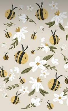 bees and daisies on a beige background with green leaves, white flowers and black stripes