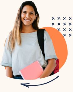 a woman with a backpack and notebooks in front of an orange circle that says, what's the best way to learn english?