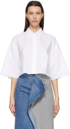 White Poplin Crop Shirt by MM6 Maison Margiela on Sale Classic Cropped Shirt With Pockets For Spring, White Short Sleeve Shirt With Pockets For Spring, White Cotton Cropped Shirt With Button Closure, Classic White Cropped Shirt For Daywear, White Short Sleeve Work Shirt With Pockets, White Cropped Shirt With Button Closure For Spring, White Cotton Short Sleeve Shirt For Work, White Cotton Cropped Shirt For Spring, Cotton Shirt With 3/4 Sleeves And Placket