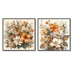 two framed pictures with flowers on them, one in orange and the other in white