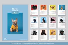 a calendar with pictures of dogs in different colors and numbers on the front, side, and back pages