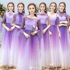 Elegant Lilac Gradient-Color Bridesmaid Dresses 2019 A-Line / Princess Glitter Sequins Floor-Length / Long Ruffle Backless Wedding Party Dresses Pager Ayu, Lilac Gradient, Kebaya Brokat, Bridesmaid Dresses Long Chiffon, Mismatched Bridesmaids, Mismatched Bridesmaid Dresses, Girls Pageant Dresses, Pink Bridesmaid Dresses, Backless Wedding