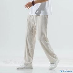 OrcaJump - Cotton Linen Casual Trousers: Retro and Fashionable Wide-legged Harem Pants Casual White Non-stretch Harem Pants, Casual Summer Harem Pants For Leisure, Comfortable White Trousers, Summer Leisure Straight Leg Bottoms, Casual Relaxed Fit Sweatpants For Beach, Beige Wide Leg Leisure Pants, White Full-length Leisure Pants, Casual Relaxed Fit Cargo Pants For Beach, Casual Harem Pants For Leisure