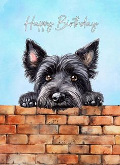 a happy birthday card with a black dog peeking over a brick wall and the words happy birthday written on it