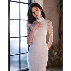 Wedding Qipao, wedding cheongsam, Chinese wedding gown, lace Qipao – Beth and Brian Qipao White Qipao, White Cheongsam, Tea Ceremony Dress, Qipao Modern, Cheongsam Wedding, Qipao Pattern, Bridesmaids Spring, Wedding Qipao, Qipao Wedding