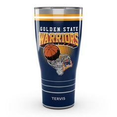 the golden state warriors tumbler cup is shown with an image of a basketball on it