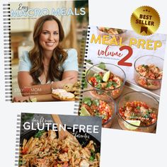 three cookbooks are shown with the same image as well as an advertisement for meal prep volume 2