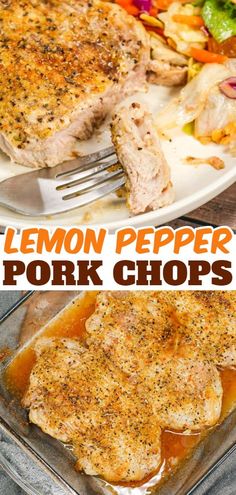 lemon pepper pork chops on a white plate