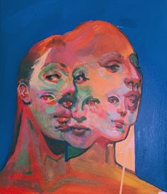 an oil painting of two people's faces on a blue background