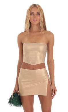 Faux Leather Two Piece Skirt Set in Gold | LUCY IN THE SKY Leather Two Piece, Gold Skirt, Gold Outfit, Party Fits, Skirt Zipper, Loungewear Jumpsuit, Casual Wedding, Men Looks, Short Rompers