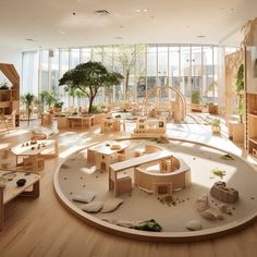 a room filled with lots of wooden furniture and plants on top of the tables in front of large windows