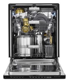 an open dishwasher with many dishes in it