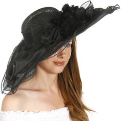 Sinamay Hat W/ Organza Layer Black Weight 3.3 Oz. Circumference 22 X Brim 8 X Crown Height 3.5 Inches 100% Sinamay Wired Brim Elegant Fitted Lined Hats, Chic Evening Hats For Spring, Chic Spring Evening Hats, Chic Sun Hat For Garden Party, Black Summer Party Hat, Casual Spring Party Hats, Chic Fitted Brimmed Sun Hat, Elegant Lined Hats For Spring, Elegant Spring Hats With Lining