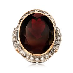 Ross-Simons - C. 1990 Vintage 21.50ct Garnet, 1.00ct t. w. Brown Diamond Ring, 18kt Gold. Size 6.75. C. 1990. From our Estate collection, this compelling cocktail ring is the kind of accessory that takes an outfit from ordinary to memorable! A big, beautiful 21.50 carat oval garnet casts rich wine-red sparkle from a sultry frame of 1.00 ct. t. w. round brilliant-cut brown diamonds. Finely crafted in sterling silver and 18kt yellow gold. 1" wide. Brown diamond and garnet ring. Exclusive, one-of-a-kind Estate Jewelry. Garnet birthstones are the perfect gift for January birthdays.