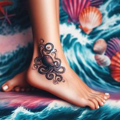 an octopus tattoo is on the foot of a woman with seashells in the background