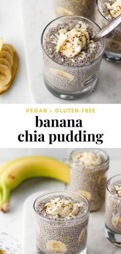 bananas and chia pudding in small glass bowls with banana slices on the side for garnish