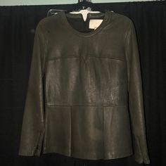 Peplum Real Leather Long Sleeve Fitted Blouse In Brown Size 8 Leather Top For Night Out In Fall, Leather Tops For Night Out In Fall, Designer Tops For Work In Fall, Elegant Leather Formal Tops, Elegant Leather Tops For Formal Occasions, Spring Leather Long Sleeve Tops, Leather Long Sleeve Tops For Fall, Leather Tops For Office In Fall, Leather Top For Office In Fall