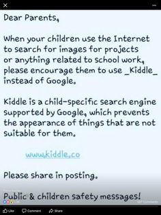 the text on the screen says dear parents, when your children use the internet to search for images for projects or anything related to school