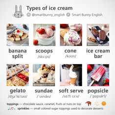 different types of ice cream are shown in this graphic above it is an info sheet