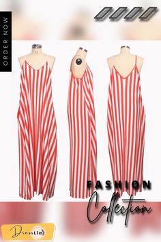 Casual Loose Striped Print Sleeveless V-neck Dress V-neck Sundress For Day Out, Chic V-neck Spaghetti Strap Beach Dress, Chic Spaghetti Strap V-neck Beach Dress, Red V-neck Dress For Spring Vacation, Lined V-neck Beach Dress, White V-neck Maxi Dress For Summer, Striped V-neck Sundress, Summer Sleeveless Lined Maxi Dress, Summer Sleeveless V-neck Lined Dress