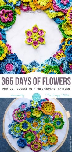 the cover of 365 days of flowers is shown with crochet and embroidery on it