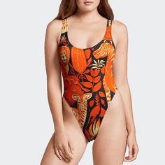 Orange Jungle One-Piece Swimsuit Tropical Printed Bodysuit For Vacation, Printed Tropical Bodysuit For Vacation, Summer Tropical Print Bodysuit For Vacation, Summer Bodysuit With Tropical Print For Vacation, Tropical Printed Bodysuit For Beach Party, Tropical Printed Bodysuit For Swimming, Tropical Print Beachwear Bodysuit For Vacation, Beachwear Bodysuit With Tropical Print For Vacation, Tropical Vacation One-piece Bodysuit