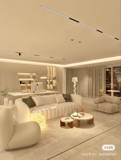 a living room filled with white furniture and lots of lights on the ceiling above it