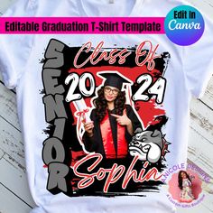 EDITABLE GRADTUATION T-SHIRT TEMPLATE Are you ready to make extra money selling graduation t-shirts, but not skilled enough to create your own designs? If this is you, my editable graduation t-shirt designs is for you! This is not an actual t-shirt. Nothing will be shipped. This is a digital file. In Canva, you will be able to edit: photos design colors names and some wording logos (if applicable) reposition With just a few clicks on Canva, you'll have the perfect shirt to showcase your achievem School Spirit Crew Neck T-shirt For Graduation Party, School Spirit T-shirt With Graphic Print For Graduation, Customizable Short Sleeve T-shirt For Graduation Gift, Customizable Graduation T-shirt With Crew Neck, Graduation Custom Print Short Sleeve T-shirt, Customizable Crew Neck T-shirt For Graduation Gift, Customizable Crew Neck T-shirt For Graduation, School Spirit Short Sleeve T-shirt For Graduation Party, Letter Print T-shirt For Graduation