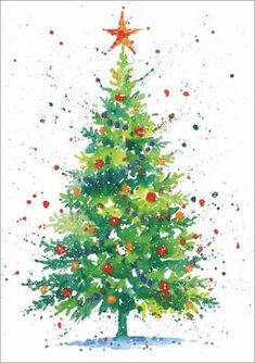 a watercolor christmas tree with stars on it