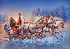 santa claus riding in a sleigh pulled by two white horses