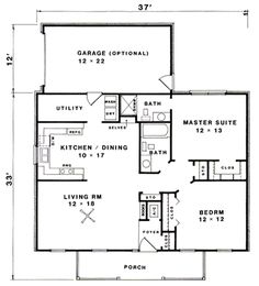 the floor plan for a two bedroom house with an attached garage and living room area