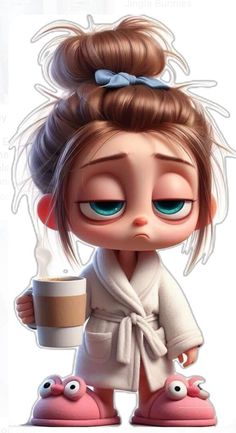 a cartoon character holding a cup of coffee and looking at the camera with blue eyes