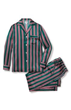 Cozy up in these luxuriously soft Mulberry-silk pajamas patterned in striking stripes and designed with elevated details like button cuffs and piped edges. Top has front button closure; notched collar; chest patch pocket; long sleeves with button cuffs Pants have elastic/drawstring waist; side-seam pockets 100% silk Machine or hand wash, dry flat Imported Mens Silk Pajamas, Bridal Slippers, Silk Pajamas Women, Luxury Sleepwear, Silk Pajama, Silk Pajama Set, Pajama Pant, Crimson Red, Matching Pajamas