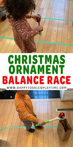 a toddler playing with christmas ornament balance race