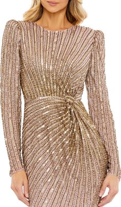 Mac Duggal Sequin Stripe Long Sleeve Sheath Gown | Nordstrom Gowns Elegant, Sparkling Jewelry, Plastic Dress, Sheath Gown, Hugging Silhouette, Long Sleeve Dress Formal, Prom Designs, Designer Prom Dresses, Column Gown