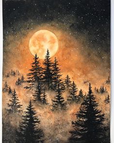 a painting of pine trees with the moon in the background